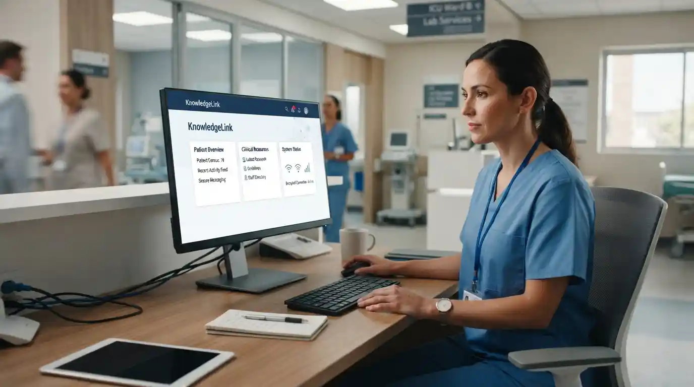 Healthcare professional using a digital healthcare information portal in a modern hospital setting