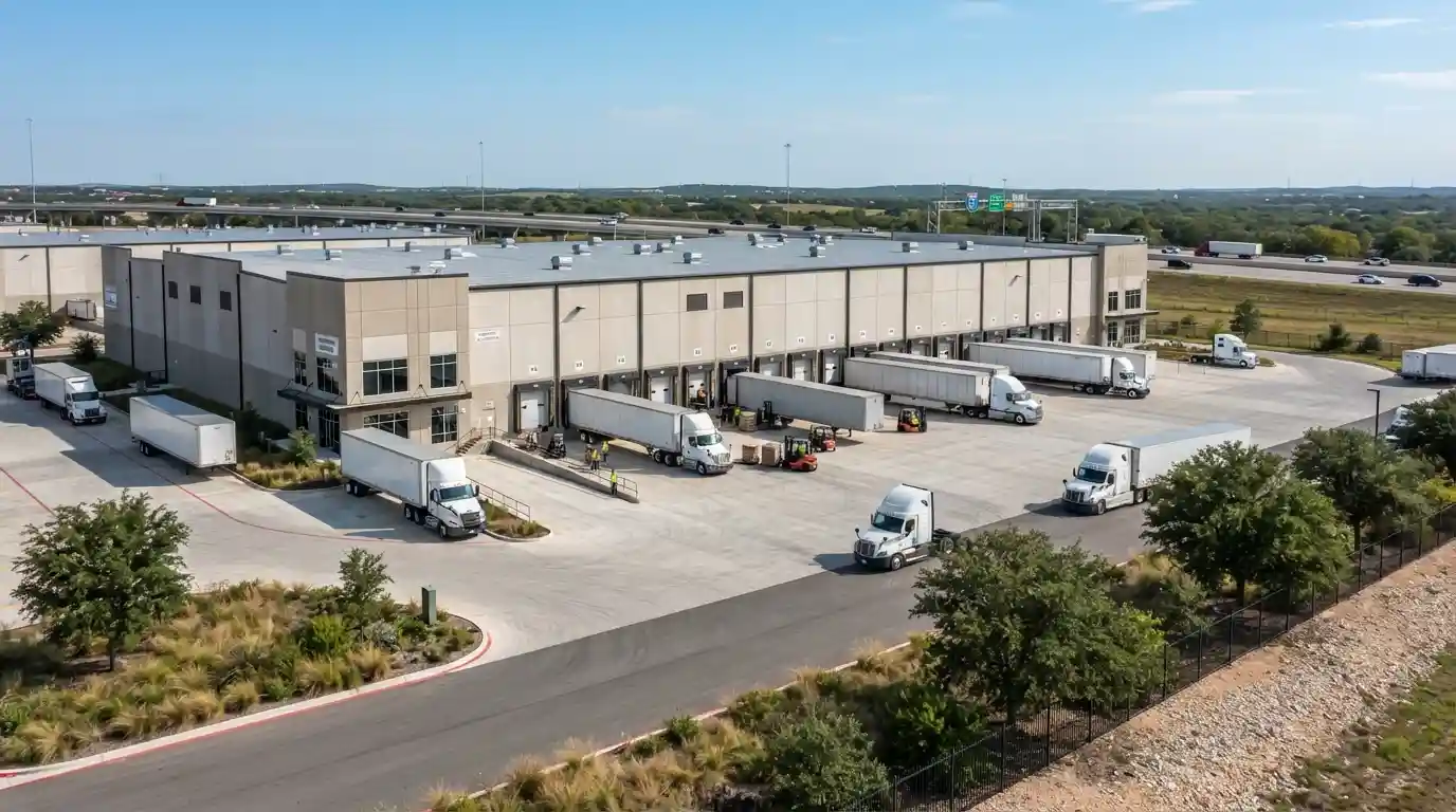 Modern logistics warehouse with freight trucks and loading docks along a major transportation corridor
