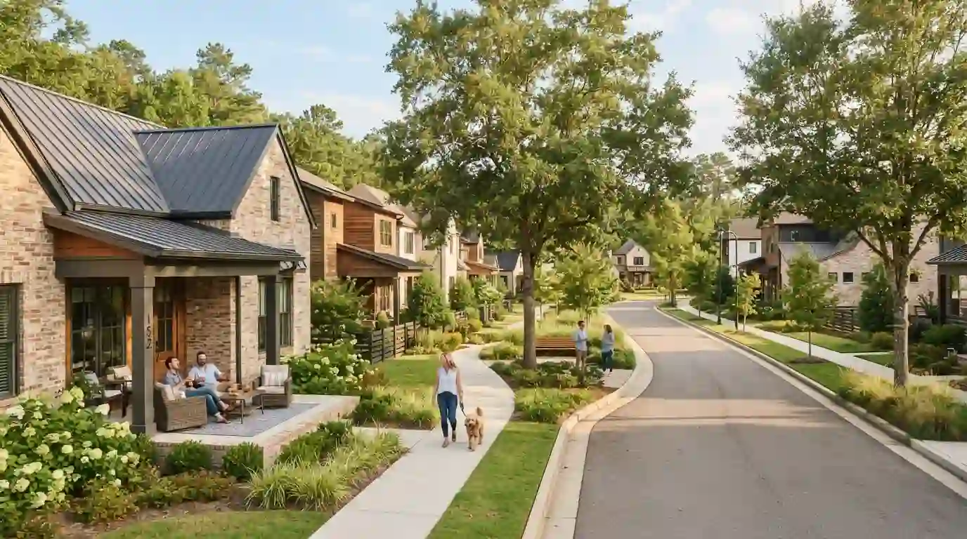 Modern residential community with landscaped homes and welcoming outdoor spaces in Tupelo, Mississippi