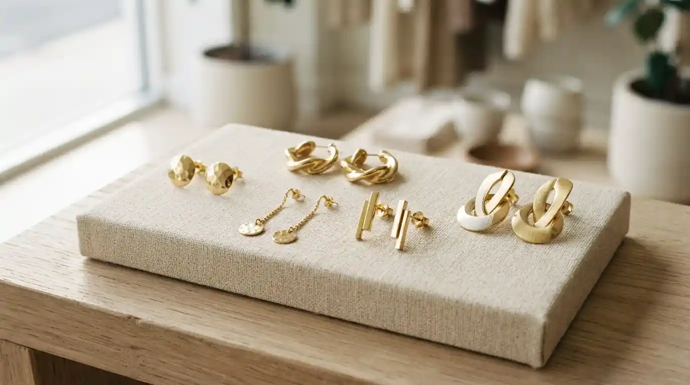 Contemporary gold earrings including hoops, studs, drops, and geometric designs arranged on a luxury jewelry display.