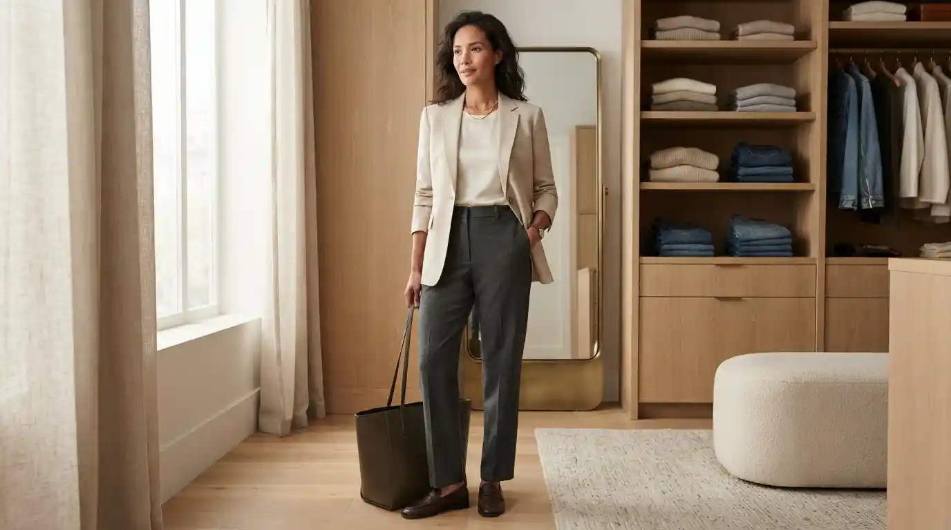 Adult model wearing sophisticated neutral-toned luxury-inspired apparel in a modern elegant interior