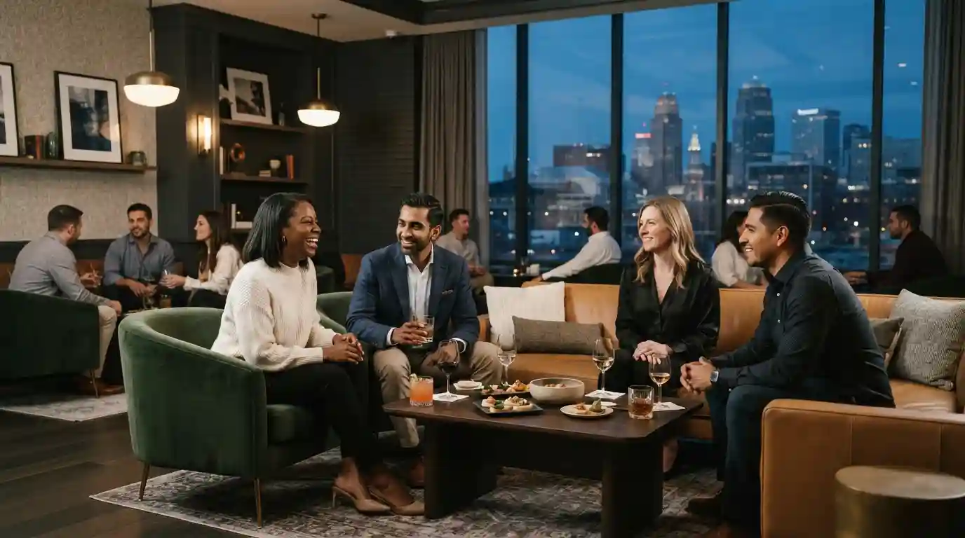 Adults socializing in an upscale private lifestyle club setting in Kansas City
