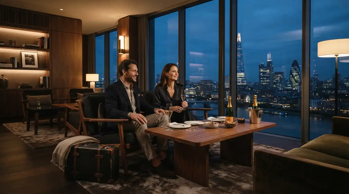 Well-dressed adults enjoying an elegant luxury lounge overlooking a city skyline
