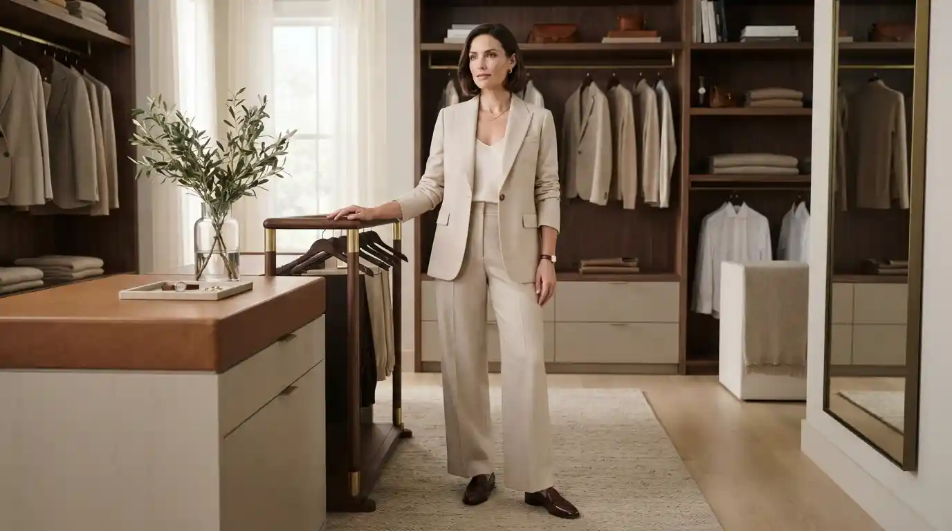 Well-dressed model wearing refined luxury apparel in an upscale wardrobe setting