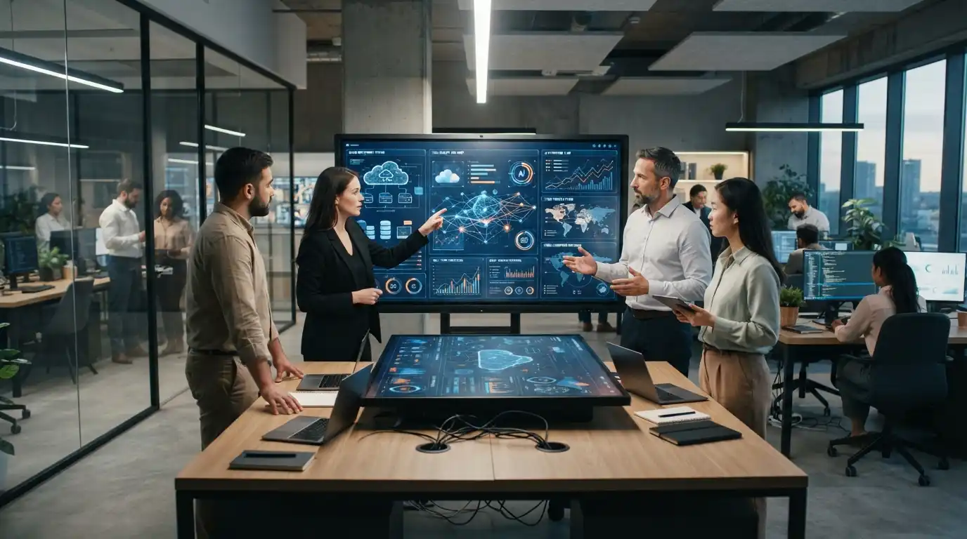 Technology professionals collaborating around digital business analytics and connected enterprise systems