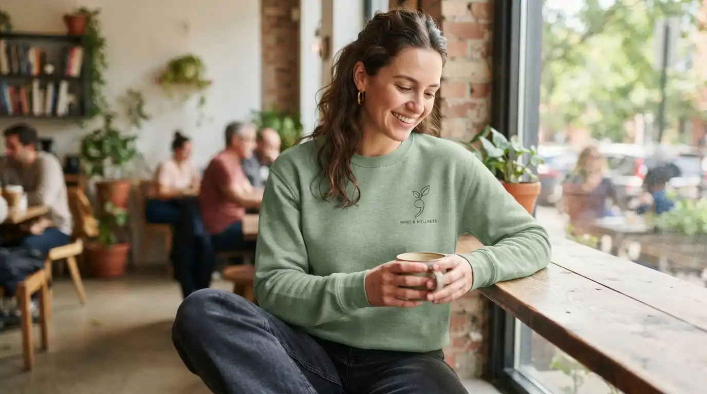 Person wearing a casual mental health awareness sweatshirt in a bright everyday setting