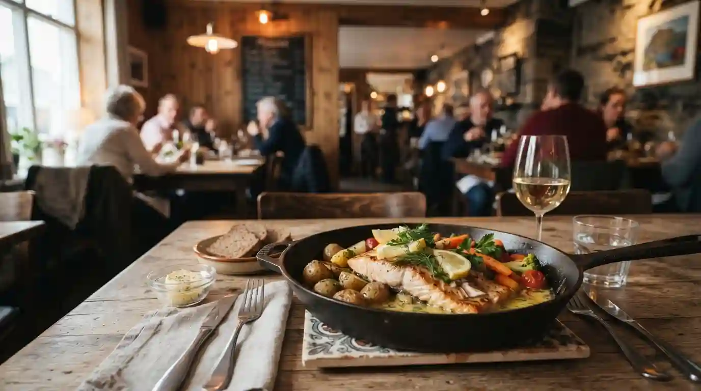 Fresh fish pan with Icelandic potatoes and vegetables served in a cozy Reykjavik restaurant.