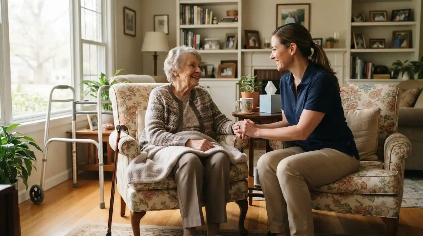 Caregiver providing attentive support to an older adult at home