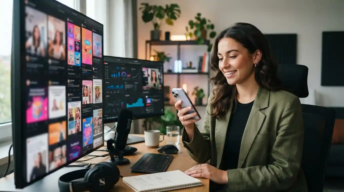 Content creator exploring trending digital entertainment on a smartphone and connected screens