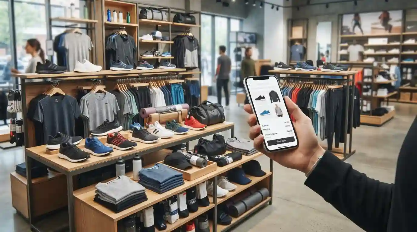 Sports shoes, athletic clothing, and gear arranged for a sports shopping and savings guide