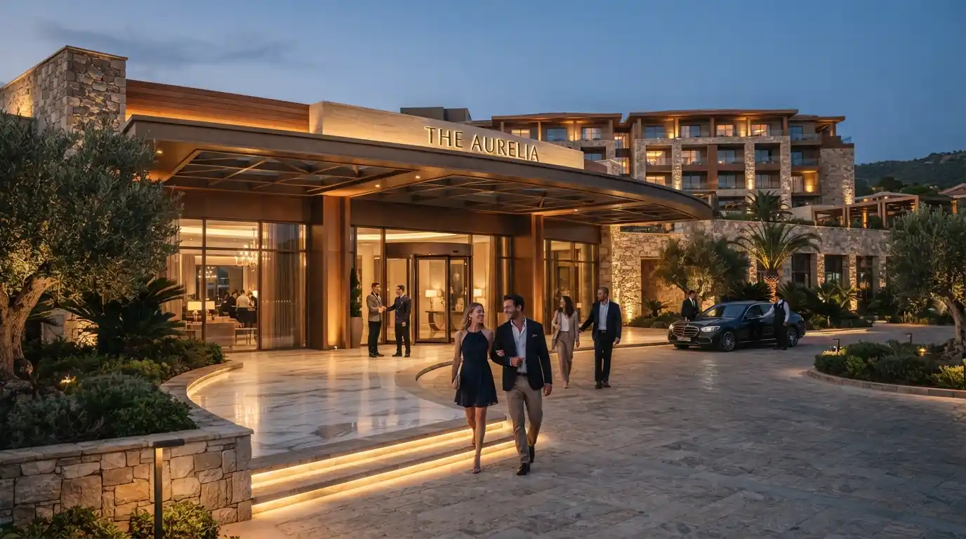 Upscale casino entertainment destination illuminated at dusk with visitors arriving