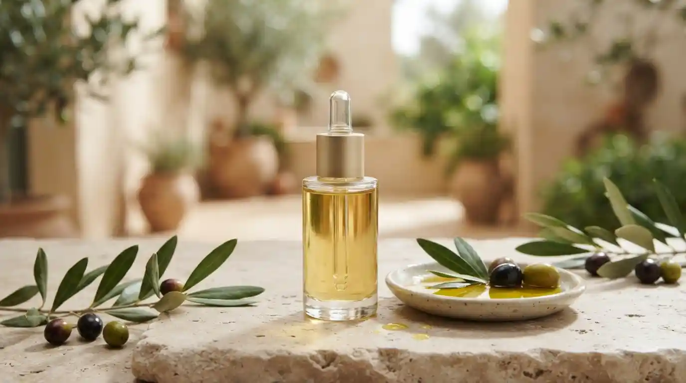Elegant olive-based skincare bottle with fresh olives and olive leaves on a natural stone surface