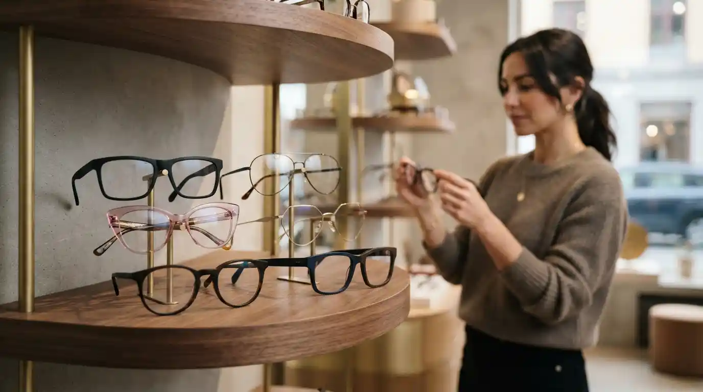 Stylish eyeglass frames displayed in a modern optical boutique