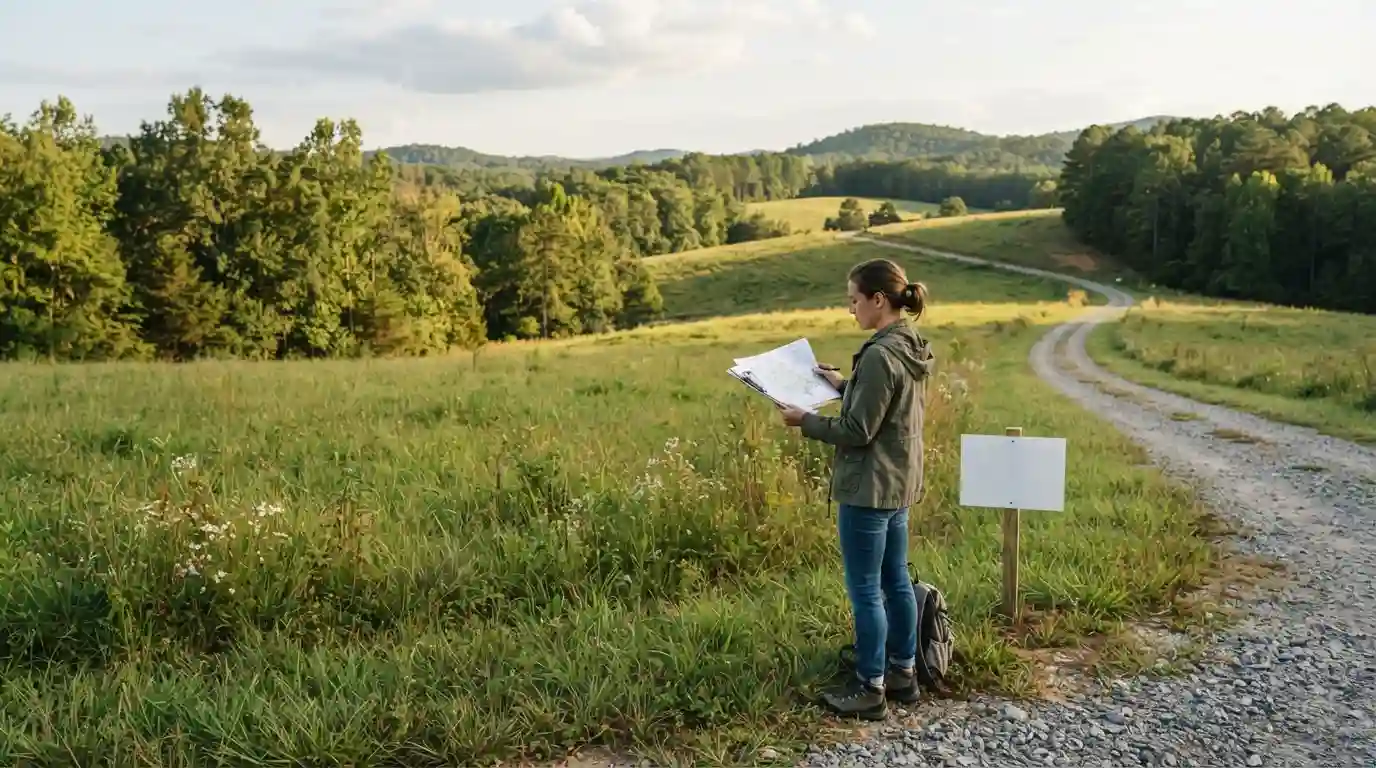 Buyer reviewing land documents on a rural North Carolina property