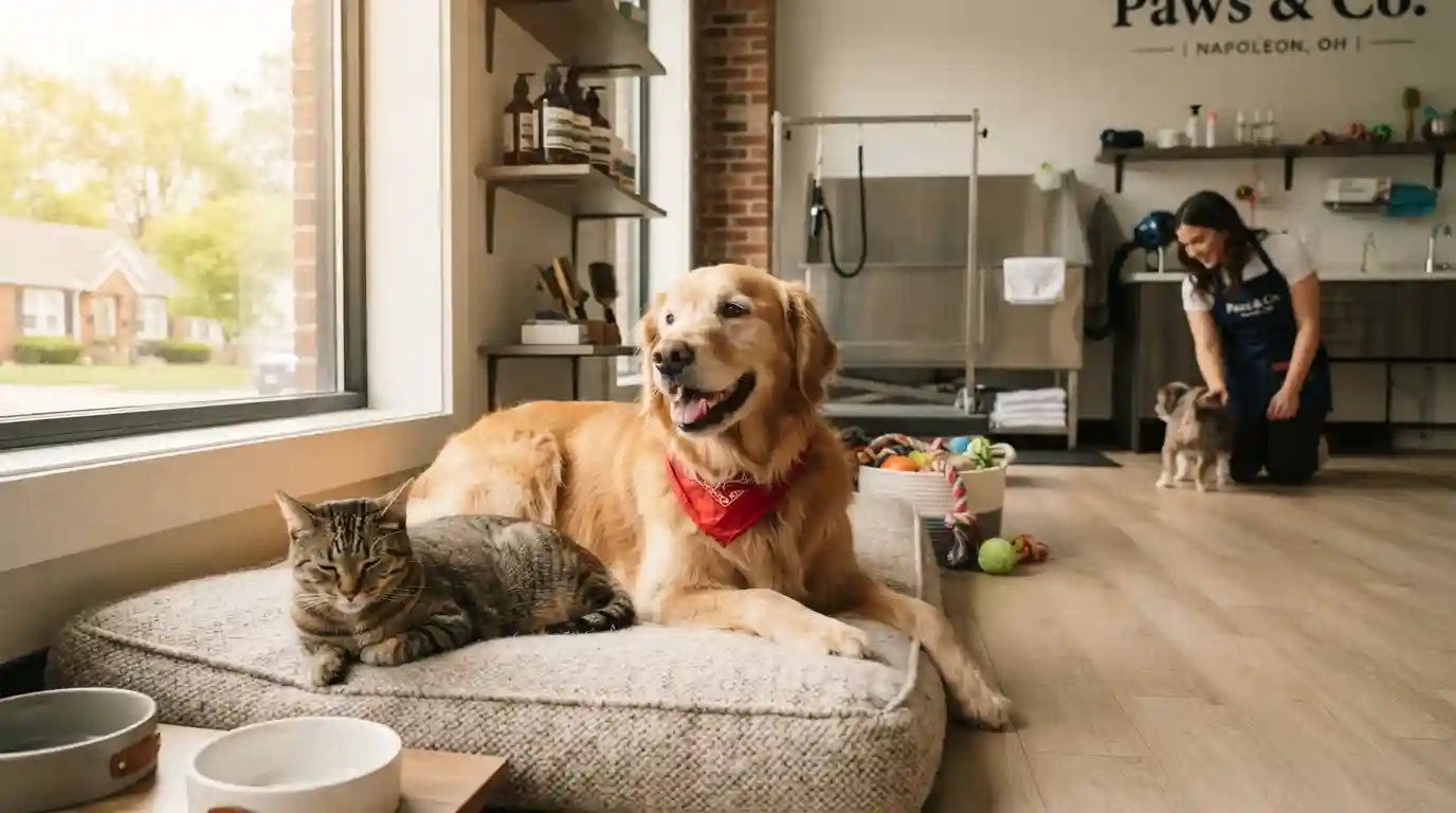 A well-groomed dog and calm cat relaxing in a clean, comfortable pet-care facility