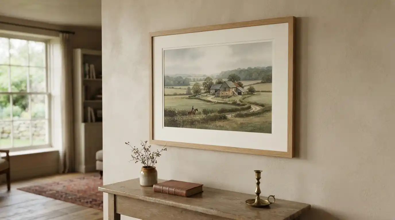 Framed Peter Sculthorpe-style rural landscape print displayed in a refined collector’s interior