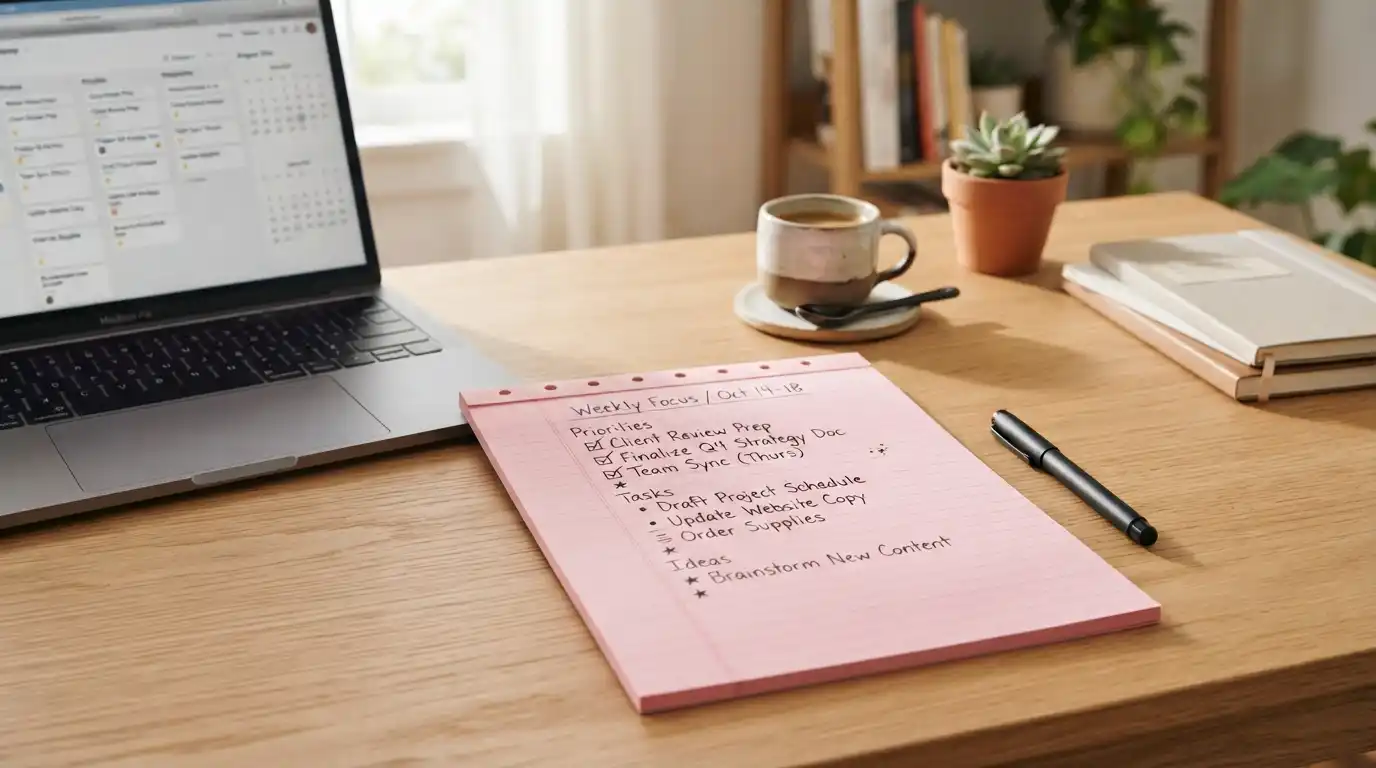 Pink legal pad with handwritten task notes and a pen on an organized modern workspace