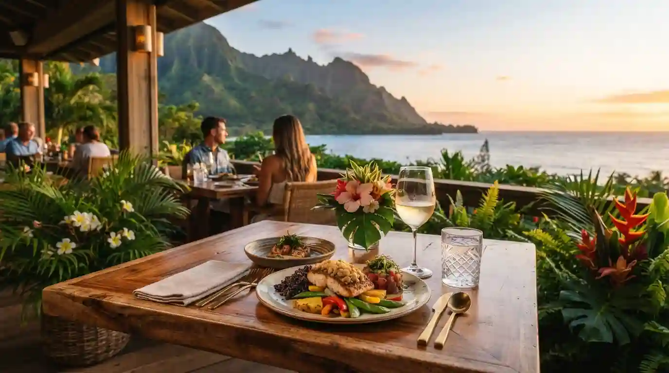 Hawaiian-inspired seafood dinner at an outdoor restaurant in Princeville, Kauai