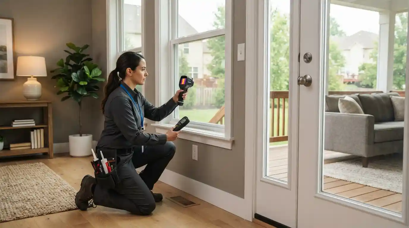 Technician inspecting air leaks around a window and door in a residential home