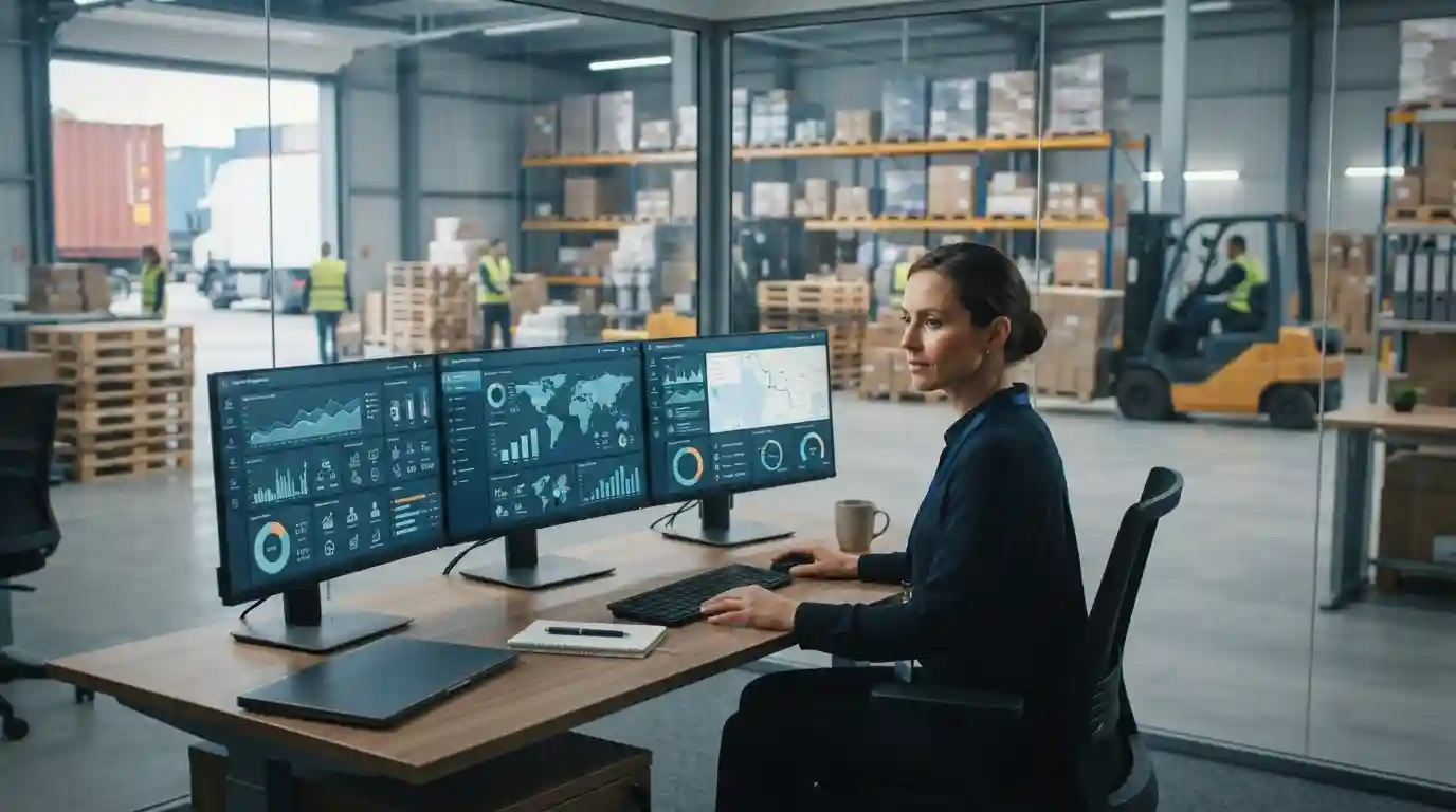 Supply chain professional reviewing logistics and inventory data in a modern operations center