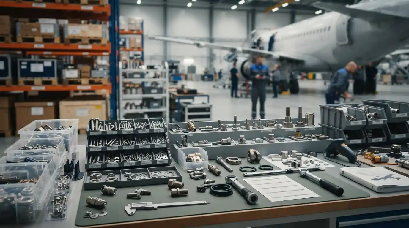 Aerospace and defense components arranged in a professional industrial procurement environment
