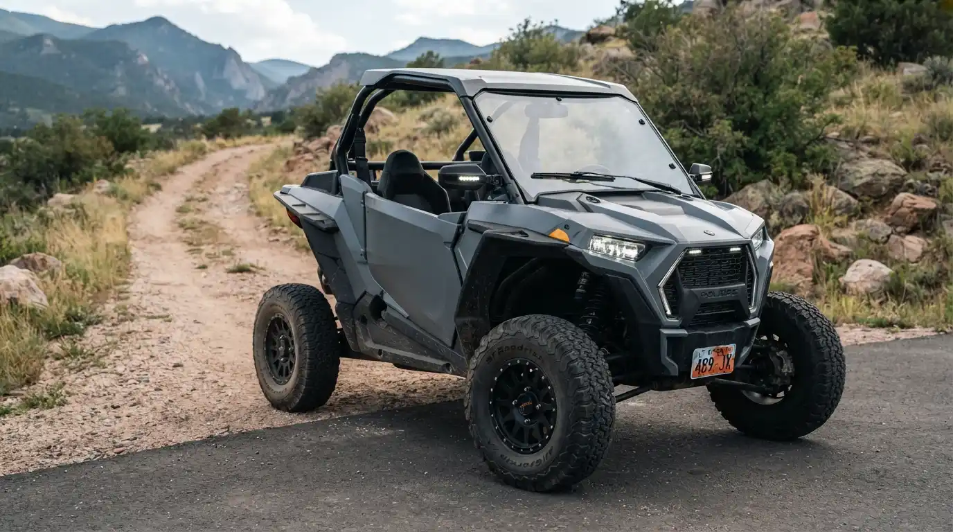 UTV equipped with street-legal lighting and signaling equipment on a paved road
