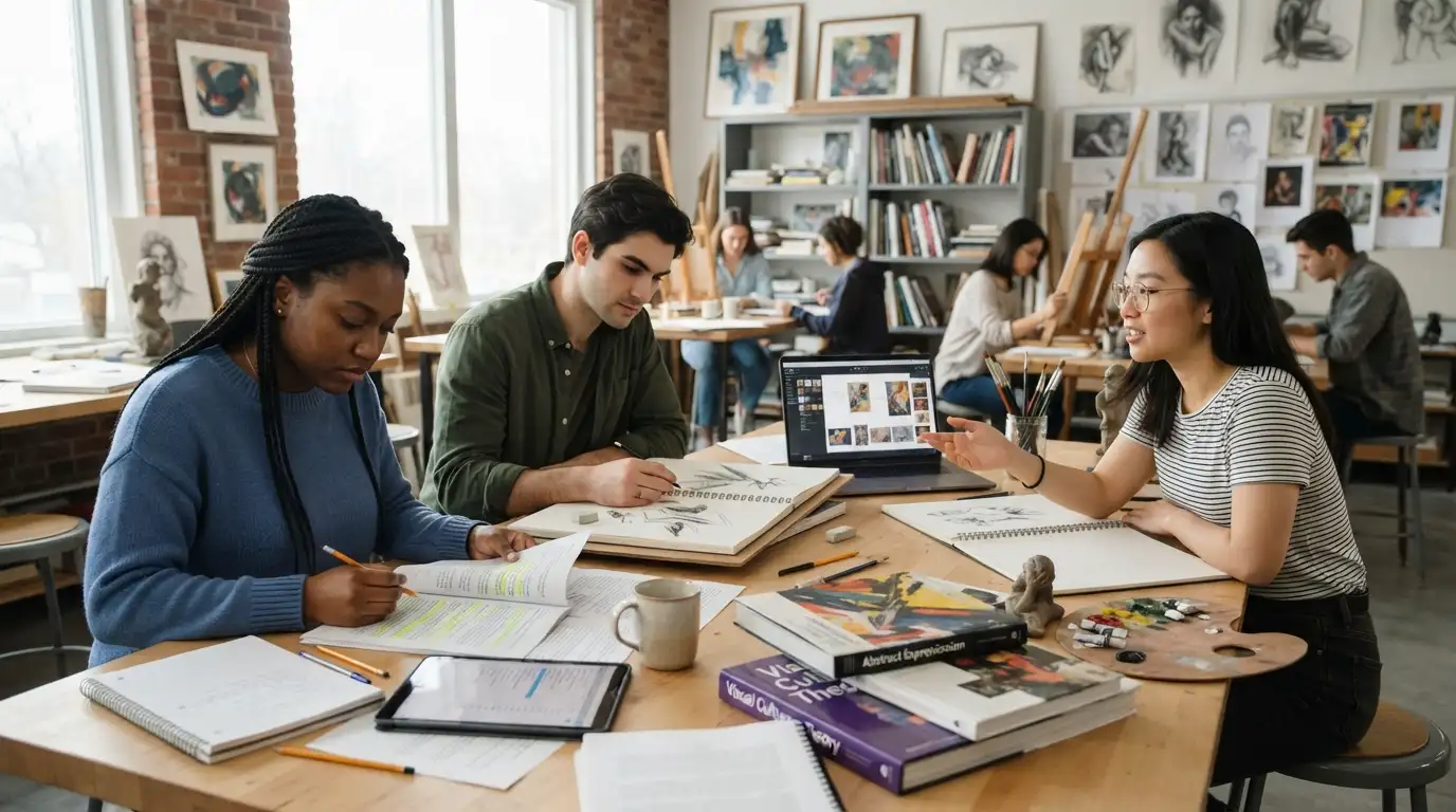 Students studying art research and creative work in a contemporary academic classroom