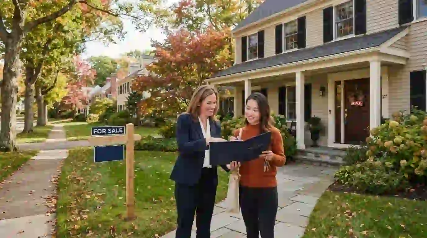 Prospective buyer and real estate professional reviewing property documents outside a Connecticut home