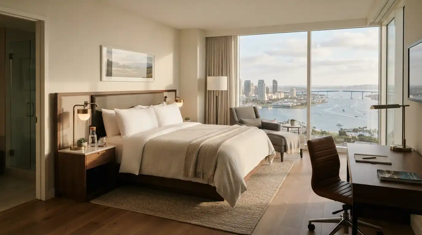Elegant hotel room representing a comfortable luxury stay in San Diego