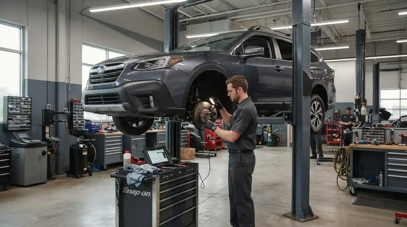 Automotive technician inspecting a passenger vehicle inside a professional auto service workshop