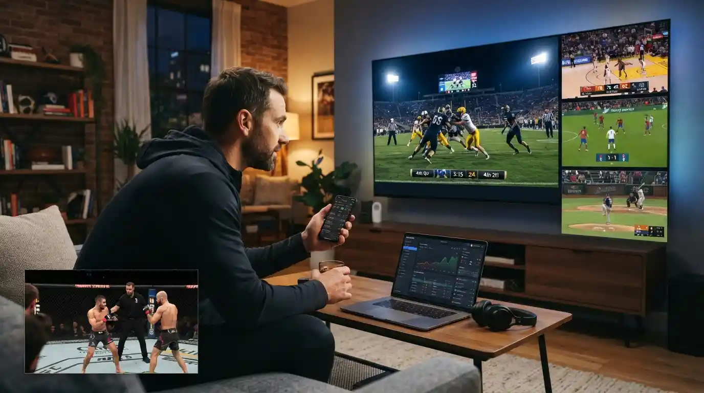 Sports fan watching multiple live sports on a modern digital viewing setup