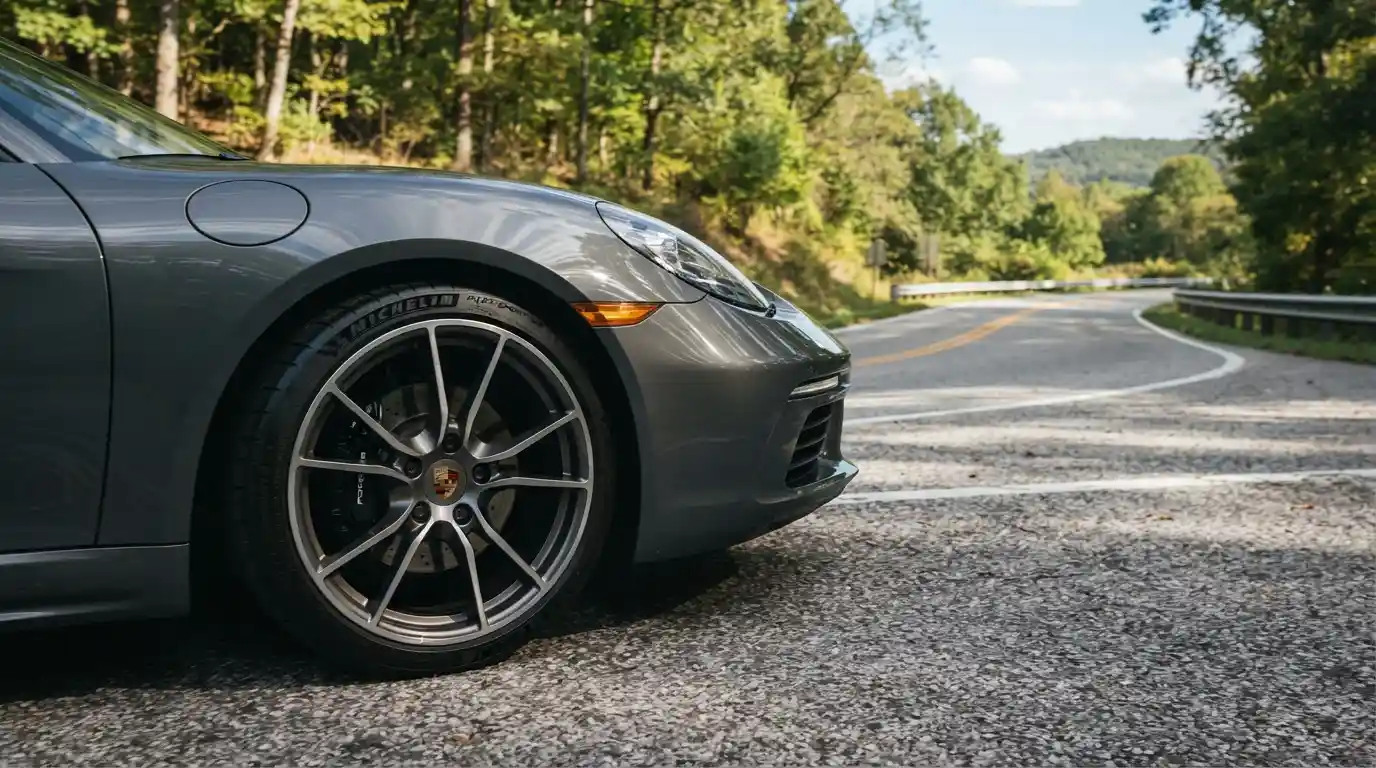 Performance car equipped with sporty road tires on a paved road
