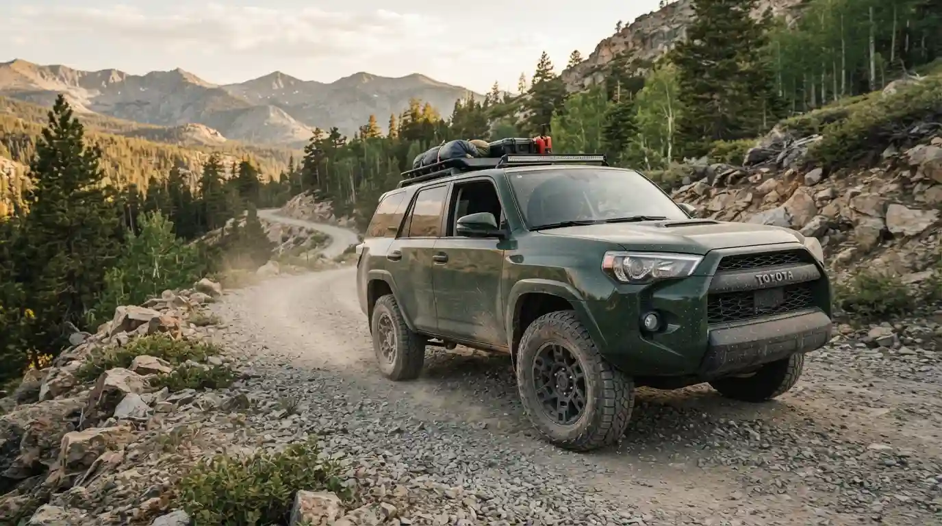 SUV with an all-terrain tire driving on a scenic gravel mountain road