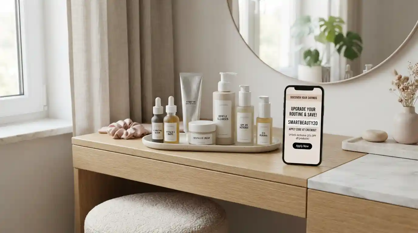 Beauty products arranged beside a smartphone showing a generic discount savings interface