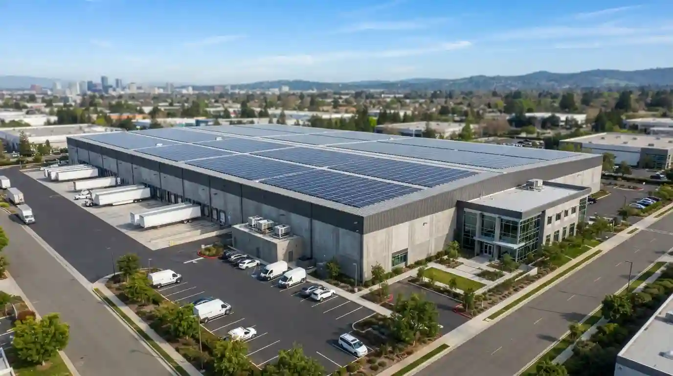 Commercial warehouse with rooftop solar panels representing sustainable business investment and growth