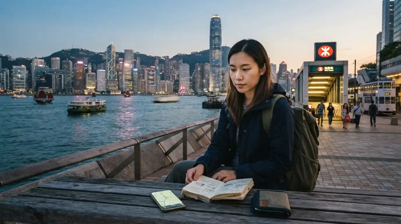 Hong Kong skyline and Victoria Harbour with a traveler planning trip expenses