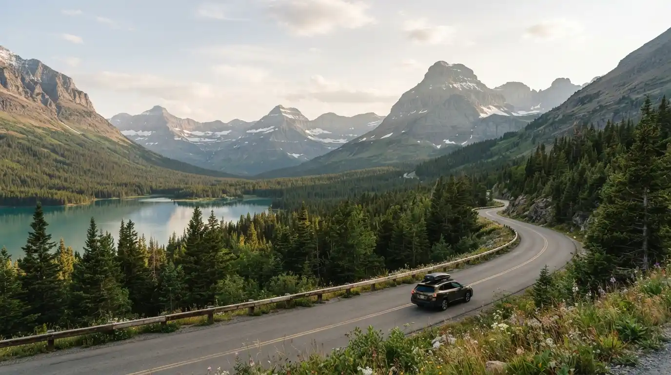 Montana mountain landscape with an alpine lake, evergreen forest, and scenic road
