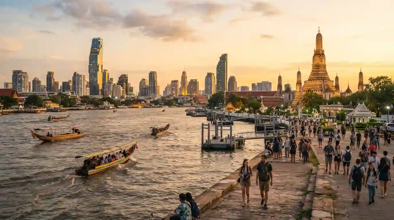 Bangkok skyline and Wat Arun representing the most visited city in the world in 2024