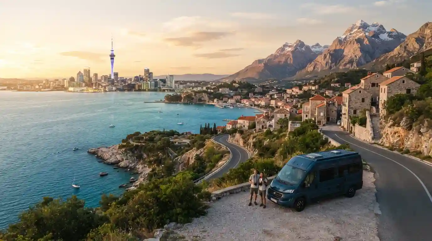 Scenic travel destinations featuring city architecture, mountains, coastline, and historic landscapes