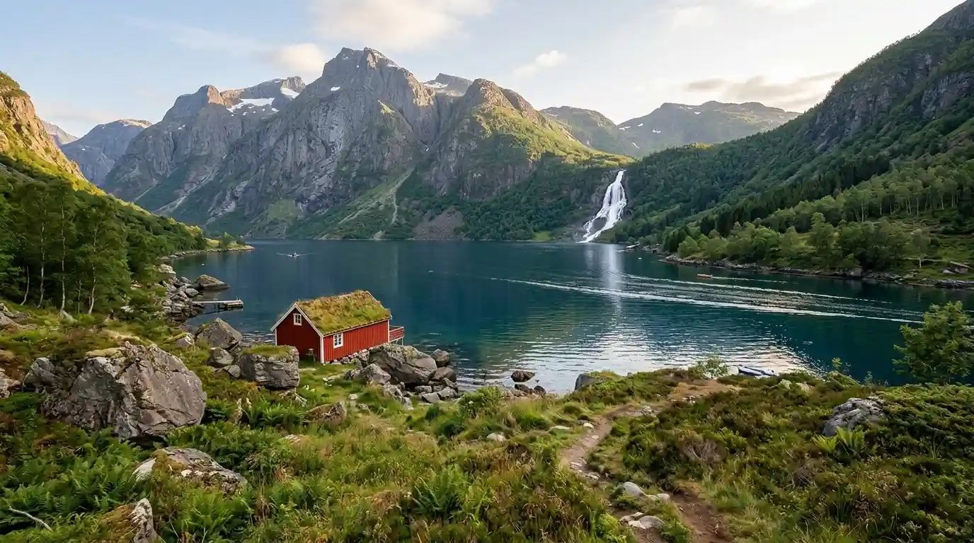 Norwegian fjord surrounded by rugged mountains, green slopes, and a cascading waterfall.