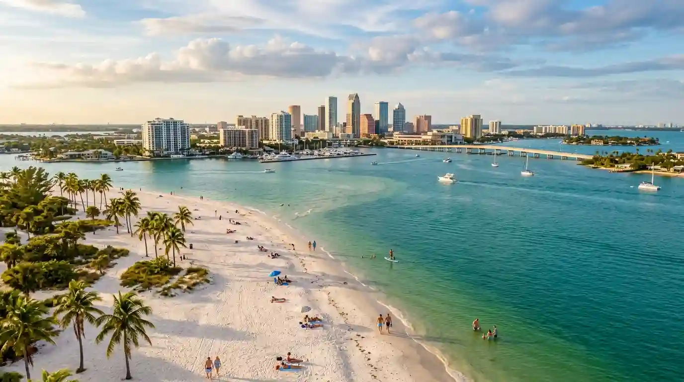 Florida beach with turquoise Gulf Coast water, palm trees, and a coastal skyline in the distance.