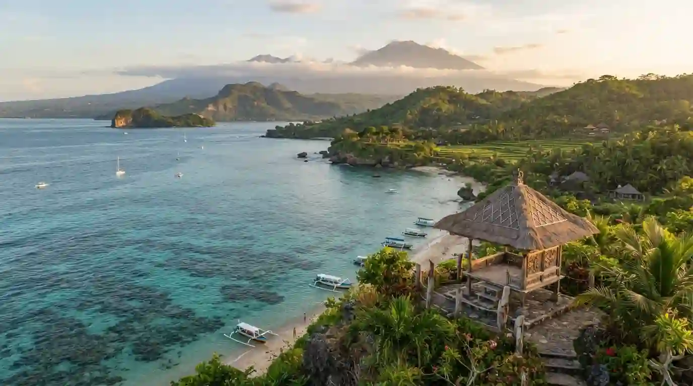 Scenic Indonesian tropical island with mountains, coastline, and turquoise water