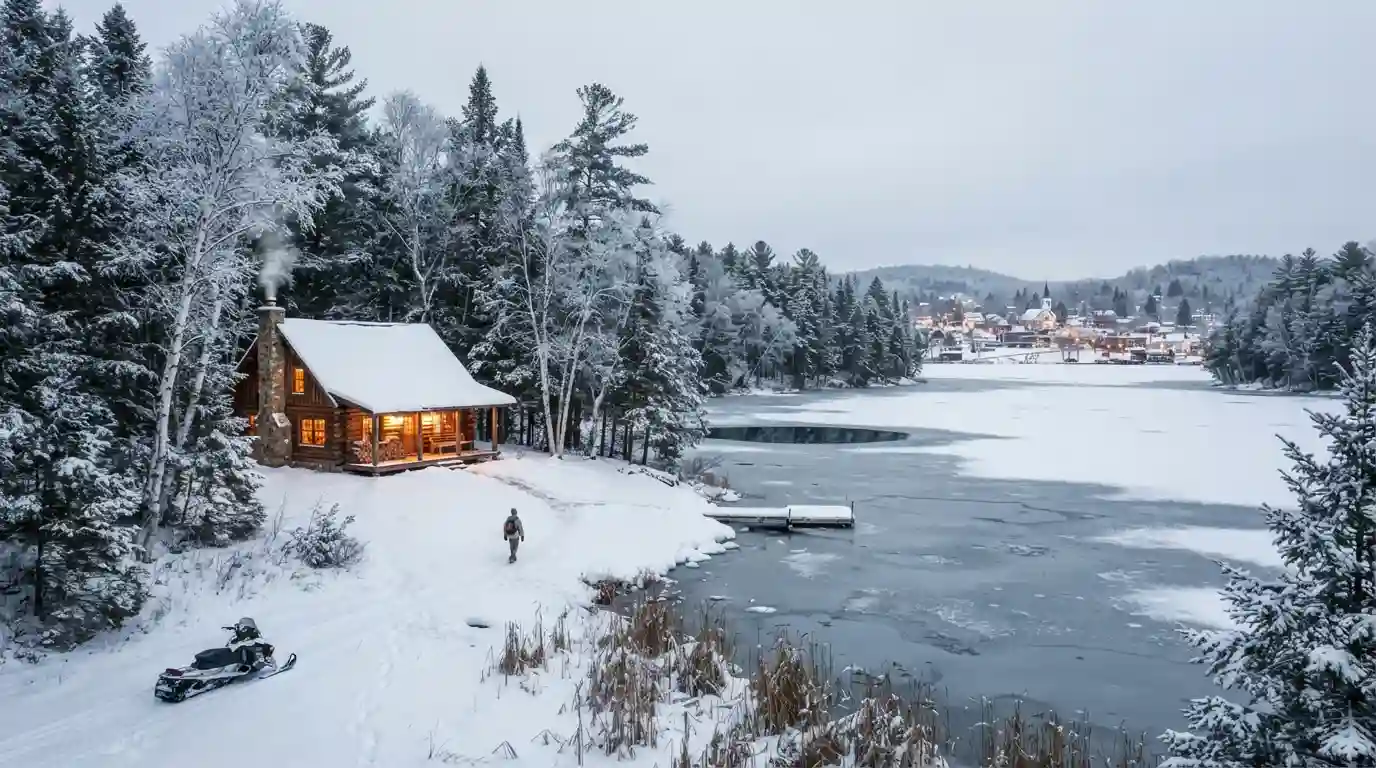 Snow-covered Wisconsin winter landscape with a cozy cabin and frozen lake