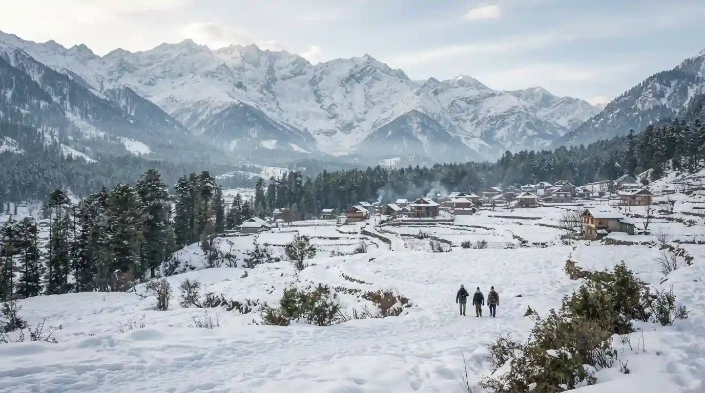 Snow-covered Himalayan valley in Kashmir with pine trees, mountains, and distant travelers