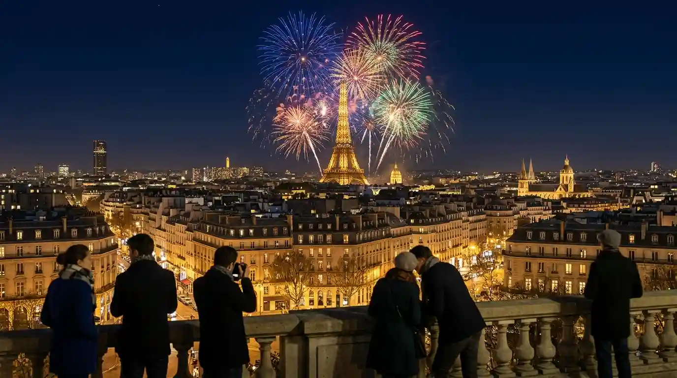 Travelers watching colorful New Year's Eve fireworks above a historic European city skyline at night.