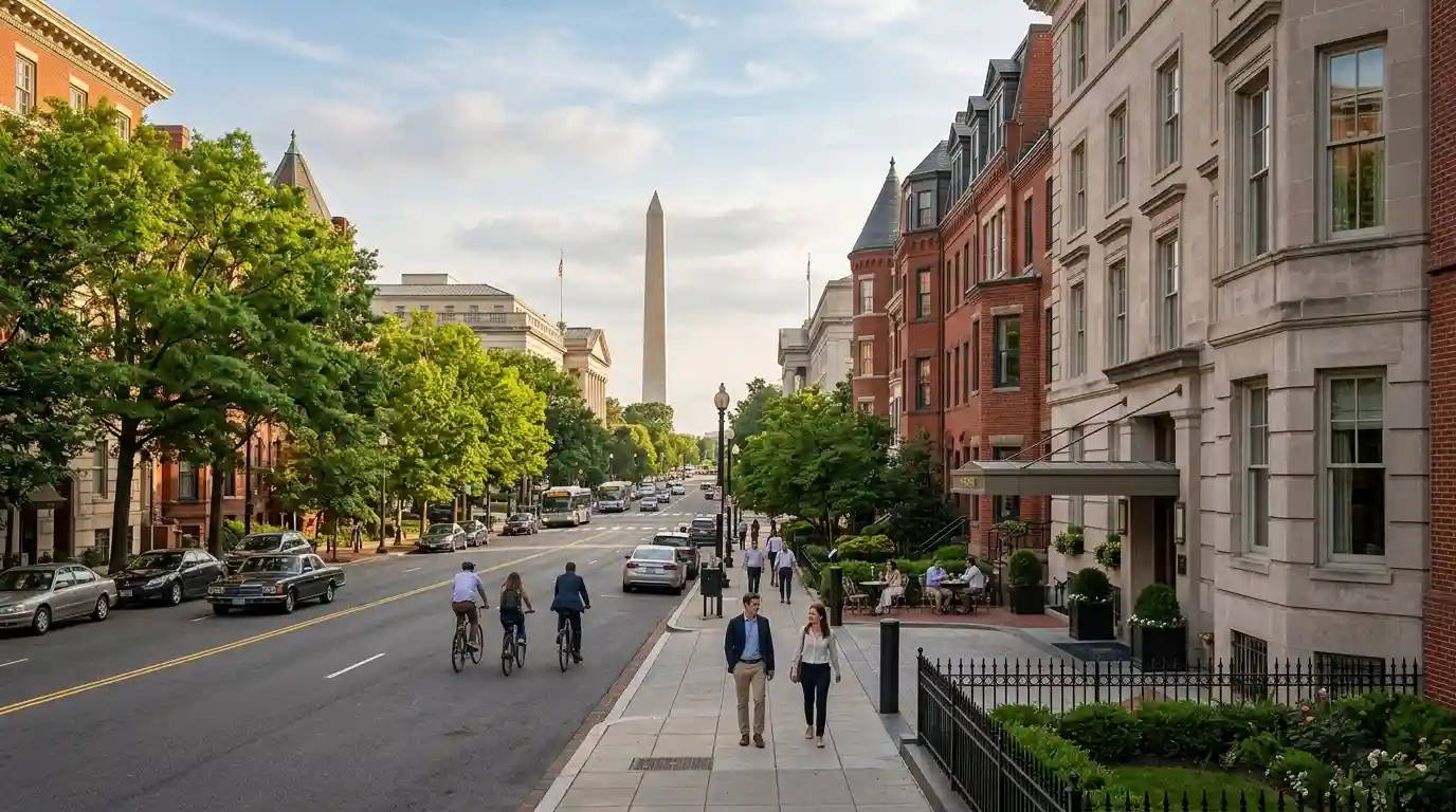 Washington Monument rising above downtown Washington DC buildings and tree-lined streets.