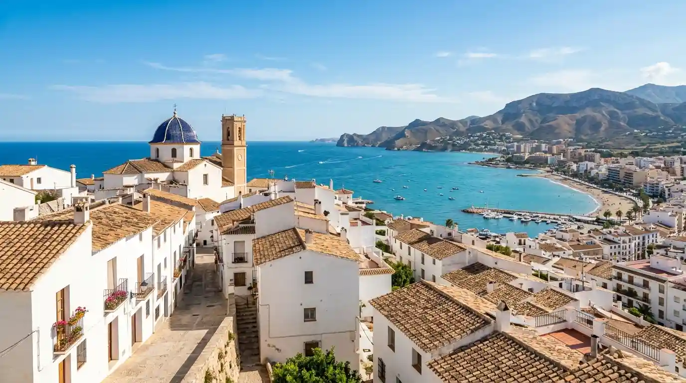 Whitewashed buildings and blue-domed church overlooking the Mediterranean coast in Altea, Alicante, Spain.
