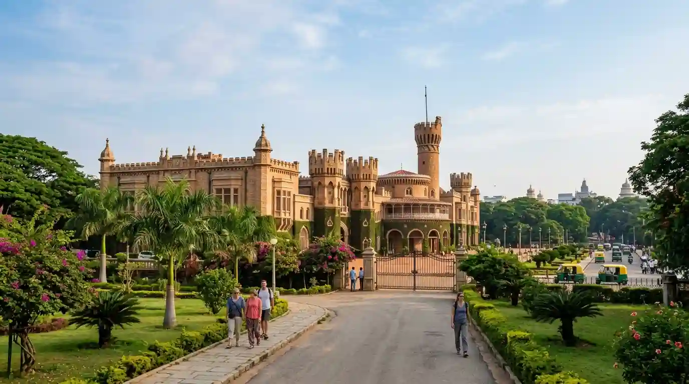 Bangalore Palace surrounded by greenery in Bengaluru, India.
