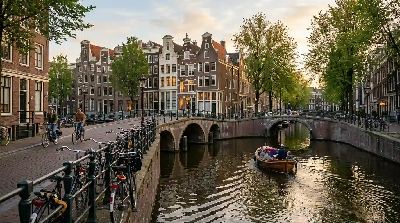 Historic Amsterdam canal with traditional Dutch houses, an arched bridge, and bicycles along the waterfront.