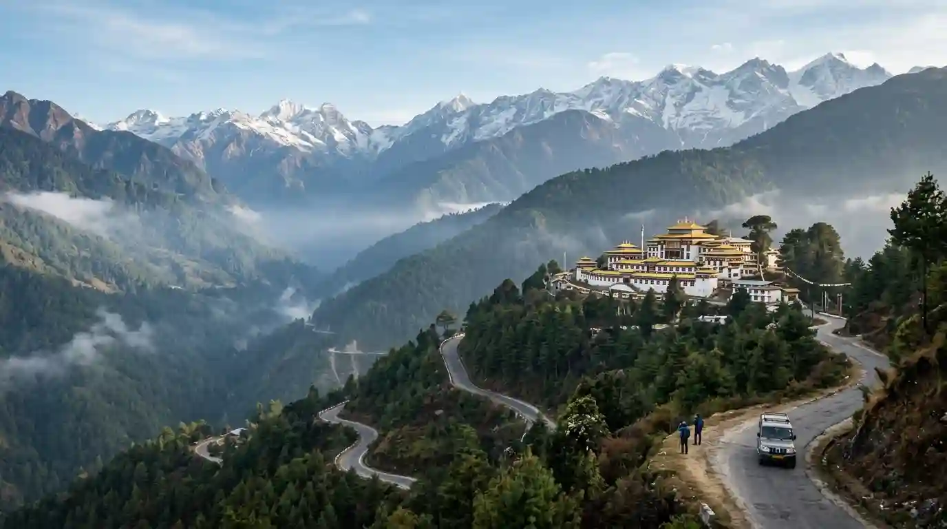 Himalayan mountain valley in Arunachal Pradesh with forested slopes and distant snow-covered peaks.